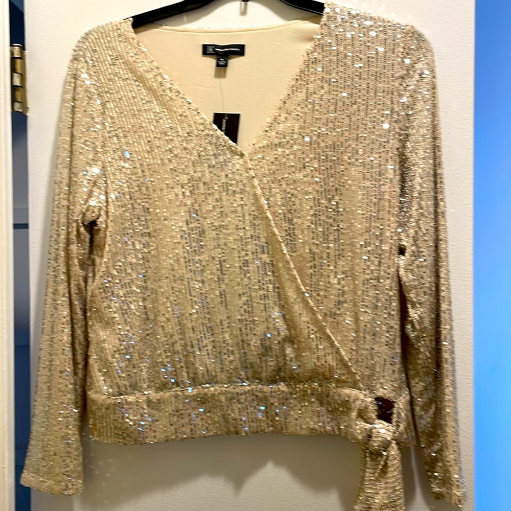 NWT.  Classic INC brand gold sequined faux wrap blouse.